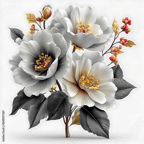 Elegant monochrome flowers with golden details accents high resolution image