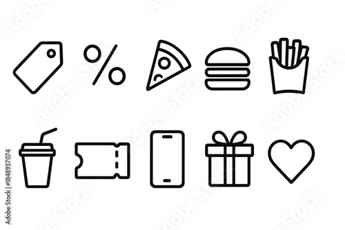 Shopping and food outline icon set. Retail, discount, and fast food icons collection.