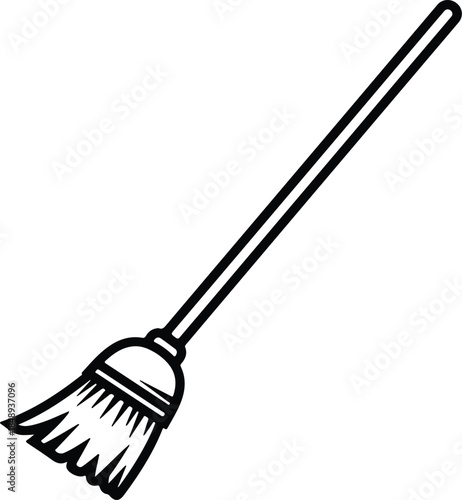 Vector broom cleaning tool with long handle silhouette illustration
