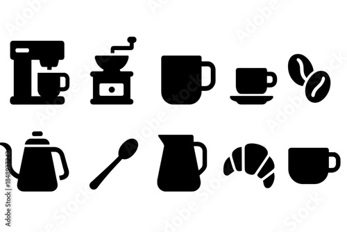 Coffee silhouette icon set. Espresso, brewing, cafe essentials silhouette collection