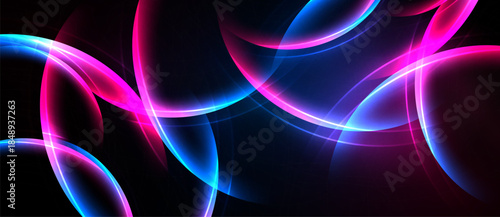 Abstract neon lights form flowing curves. Vivid pinks, blues create dynamic energy against dark background. Modern design.