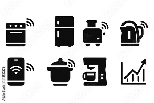 Smart home, kitchen appliances silhouette icon set. Cooking, wifi, connectivity symbols