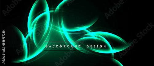 Abstract design features flowing turquoise lines against dark background. Dynamic curves create modern visual effect. Simple, elegant.