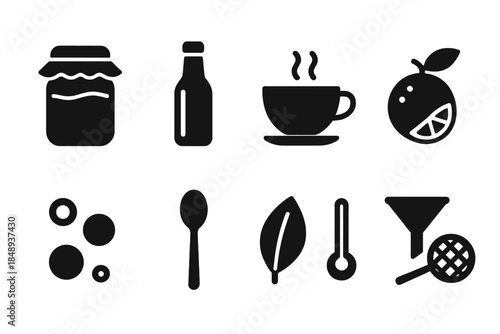 Food and beverage solid icon set. Jam, coffee, orange, spoon, leaf, thermometer icons