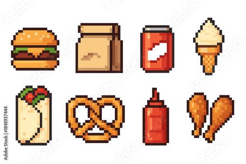 Fast food pixel art icon set. Burgers, snacks, and sweets in 8-bit style