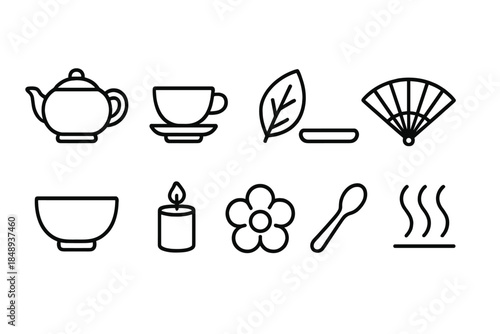 Tea ceremony icon set line style. Tea, cup, leaf, fan outline icons collection.