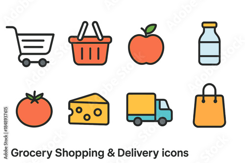 Grocery and delivery icon set. Flat style for shopping, food, and transport visual needs.