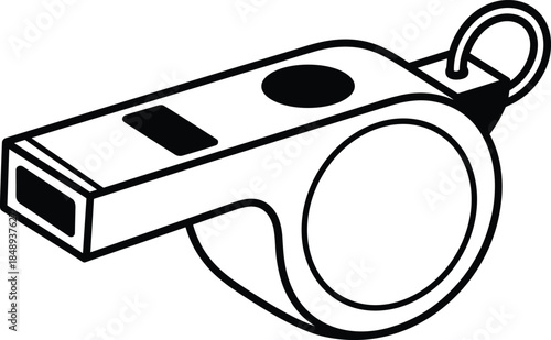 Referee whistle illustration, black and white sports signal vector icon for football, soccer, coaching, referee equipment, game control concept design