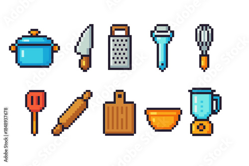 Kitchen utensils pixel art icon set. Cooking, culinary tools pixel collection.