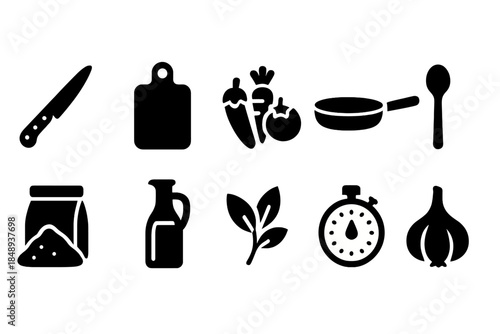Cooking and kitchen silhouette icon set: culinary tools and ingredients collection