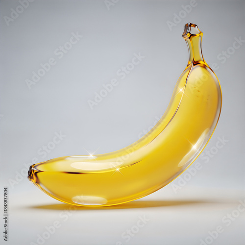 Conceptual 3D rendering of a vibrant yellow banana made of glossy glass or liquid, standing alone on a bright studio background with sparkling highlights.