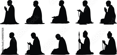 Religious prayer silhouette set, kneeling monk and devotee meditation poses, spiritual worship collection, black vector people praying isolated on white background