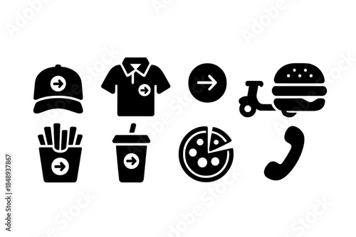 Fast food delivery silhouette icon set. Burgers, pizza, and drinks flat icons collection