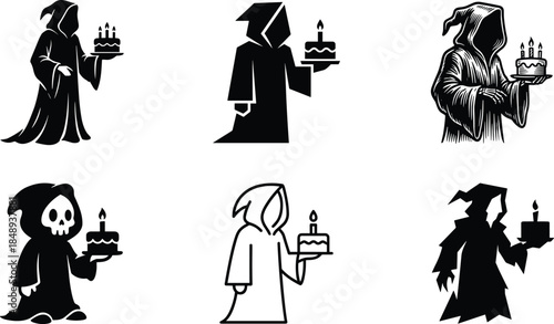 Grim, Reaper, Birthday, Cake, Vector, Icon, Set, Death, Hooded, Character, Silhouette, Illustration