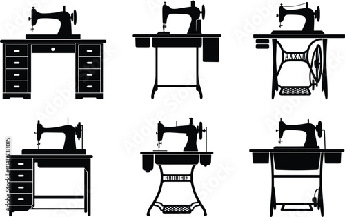 Vintage sewing machine silhouette collection, antique tailoring furniture illustration, classic treadle sewing tables set, black vector equipment isolated on white background