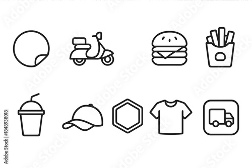 Food and drink, transportation line icon set: fast food, drinkware, vehicle icons collection