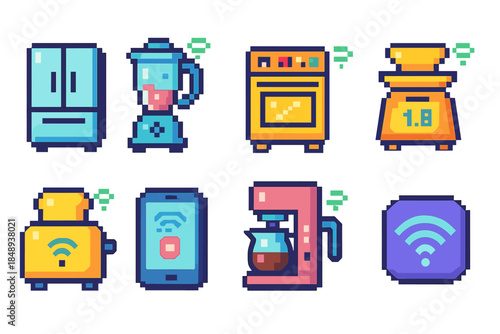 Smart home pixel icon set. Pixel art, household, appliance, technology, flat art icons.