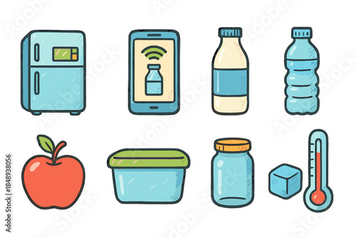 Food storage flat icon set emphasizing refrigeration, packaging, and preservation essentials