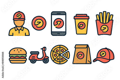 Fast food delivery outline icon set: burgers, pizza, and more