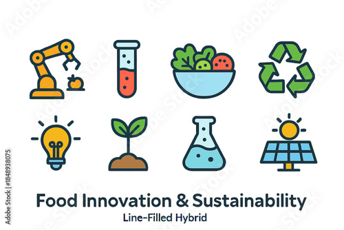 Food innovation icon set. Sustainability, technology, eco-friendly icons line-filled style