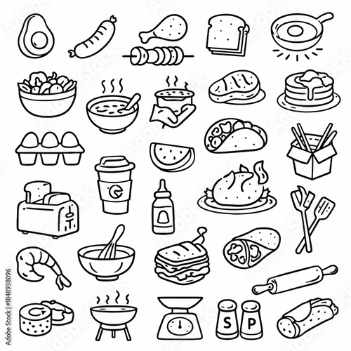 Black and white line art icons representing various food items and cooking 