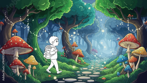 Astronaut Walking on Stone Path in Whimsical Mushroom Forest