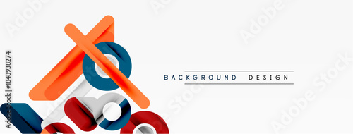 Abstract geometric shapes overlap, creating dynamic visual composition. Red, blue, white colors dominate design. Minimalist style.