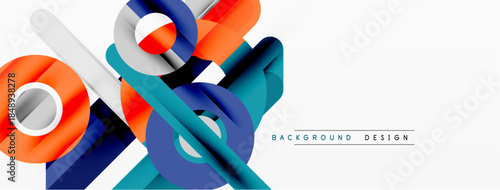 Abstract geometric shapes overlap, creating dynamic composition. Blue, orange hues dominate white background. Modern design element.