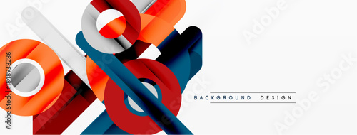 Abstract geometric shapes overlap. Red, orange, blue hues dominate design. Minimalist style creates modern visual impact.