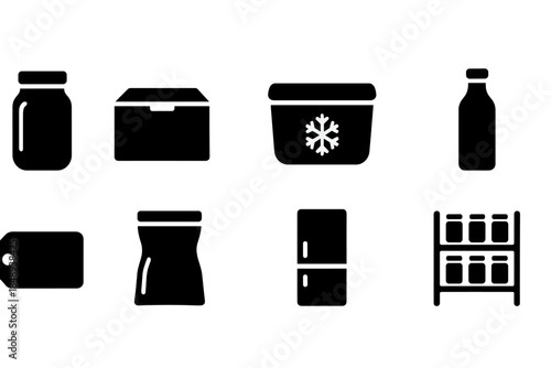 Food storage silhouette icon set. Containers, refrigeration, freezer essentials.