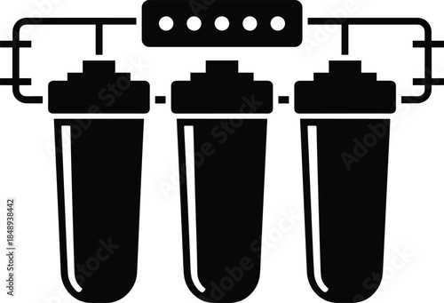 Water filtration system icon illustration, black and white industrial purification vector showing triple filter cartridges for clean water treatment and infrastructure design