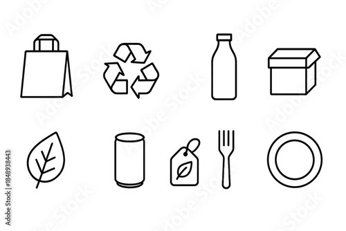 Eco-friendly reusable products outline icon set. Sustainability and recycling icons.