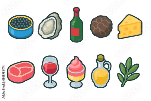 Gourmet, culinary flat icon set. Food, drink, caviar, cheese, wine icons collection