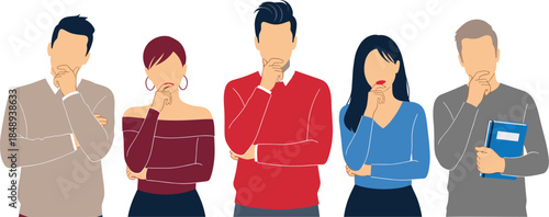 Thinking People Vector Illustration Set Showing Men and Women with Thoughtful Poses, Decision Making Gestures, and Problem Solving Concepts for Business, Psychology, and Teamwork Design Projects
