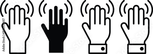 Waving hand gesture icon set, black and white touch interaction symbols vector illustration for UI controls, warning signs, communication concepts