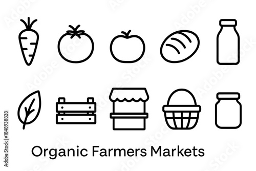 Organic farmers markets outline icon set. Fresh produce, local farm symbols collection