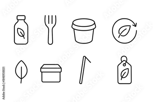 Eco-friendly packaging icon set. Sustainable, green, and recyclable outline icons
