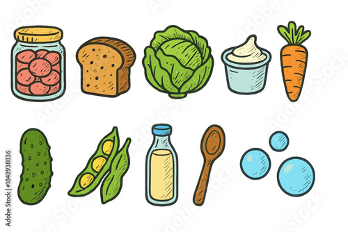 Food and drink outline icon set. Healthy ingredients and snacks illustrated collection