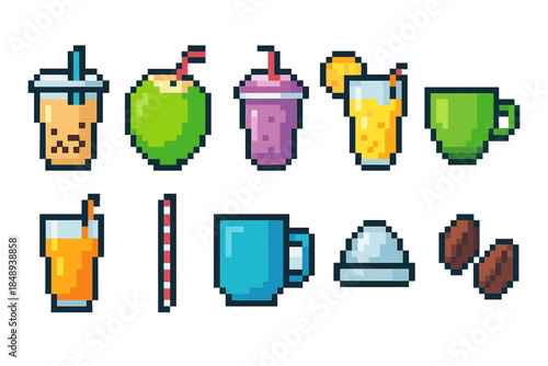 Pixel art beverage icon set. Pixelated drinks, juices, cups, and beverage icons