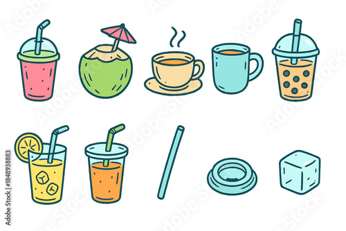 Beverage, drink outline icon set. Juices, tea, coffee, smoothies in outline style