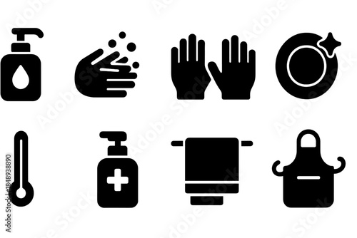 Hygiene and cleaning solid icon set. Sanitation, cleaning, handwashing icons collection