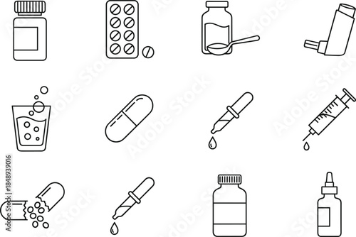 Professional set of twelve black outline icons depicting diverse medication delivery methods, including pill bottles, inhalers, syringes, droppers, and capsules for healthcare and pharmacy themes.