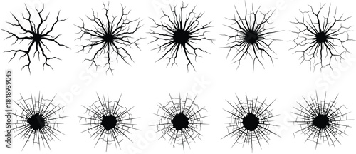Bullet Hole Impact Silhouette Vector Set Showing Cracked Glass and Radial Shatter Patterns for Crime Scene, Damage Effect, and Grunge Design Projects