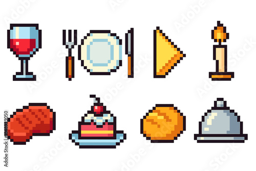 Food and dining pixel art icon set. Pixelated dining, food, culinary style collection