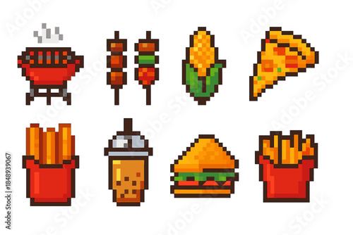Food and drink pixel icon set. Bbq, fast food, snacks and beverages in pixel style