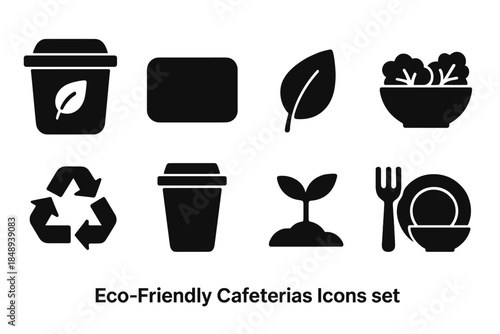 Eco-friendly cafeterias silhouette icon set. Sustainable dining symbols collection.
