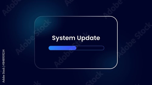 A system update notification with a blue progress bar is displayed inside a sleek glass card on a dark background for a high tech interface look