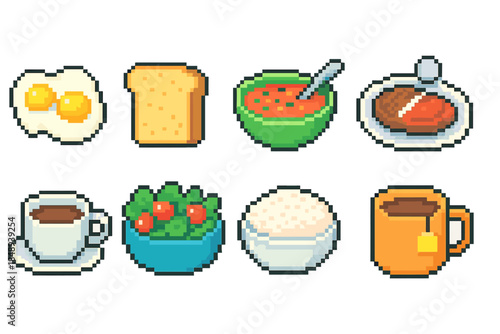Food pixel art icon set with breakfast and meal elements in retro 8-bit style