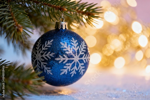 Close-up photo of a blue bauble with silver snowflakes in cold blue and warm gold colors symbolizing Christmas celebration with copy space