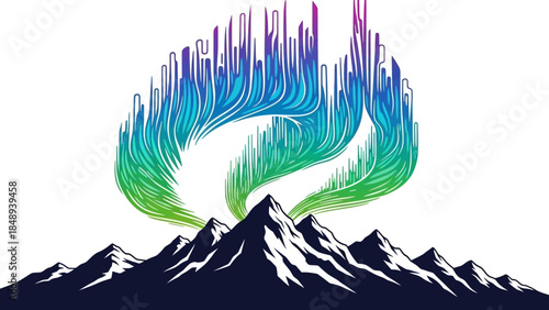 Vibrant mountain landscape with colorful abstract design elements rising from peaks